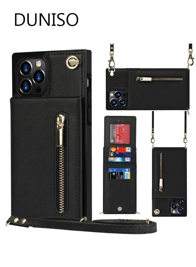 DUNISO Crossbody iPhone 14 Pro Max Case Wallet with Card Holder Flip Leather, iPhone 14 Pro Max Crossbody Case with Adjustable Removable Strap, Kickstand, Zipper Purse, Magnetic Clasp Protective Square Phone Case for Men and Women - Image 1