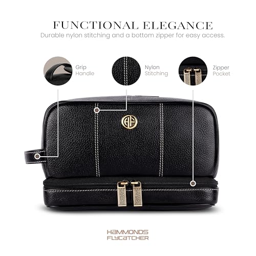 Hammonds Flycatcher Genuine Leather Toiletry Bag for Men and Women Cosmetic Organizer Bag, Travel Organizer Pouch, Shaving Kit Bag for Men Toiletry Pouch for Men with Multiple Pockets - Black - Image 4