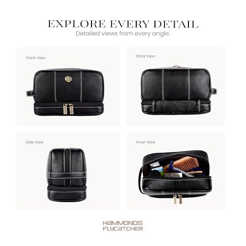 Hammonds Flycatcher Genuine Leather Toiletry Bag for Men and Women Cosmetic Organizer Bag, Travel Organizer Pouch, Shaving Kit Bag for Men Toiletry Pouch for Men with Multiple Pockets - Black - Image 3