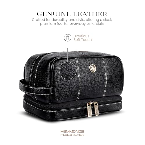 Hammonds Flycatcher Genuine Leather Toiletry Bag for Men and Women Cosmetic Organizer Bag, Travel Organizer Pouch, Shaving Kit Bag for Men Toiletry Pouch for Men with Multiple Pockets - Black - Image 2