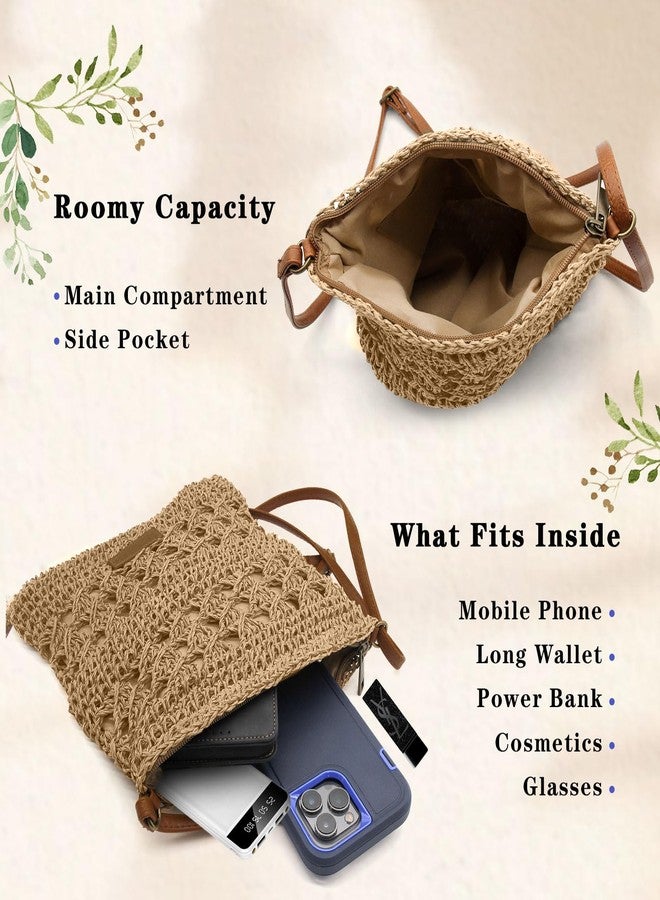 Bototack Summer Straw Bag for Women, Small Beach Crossbody Bag with Zipper and Adjustable Strap, Bohemian Weave Handmade Shoulder Handbags for Holiday Beach Travel (Khaki) - Image 4