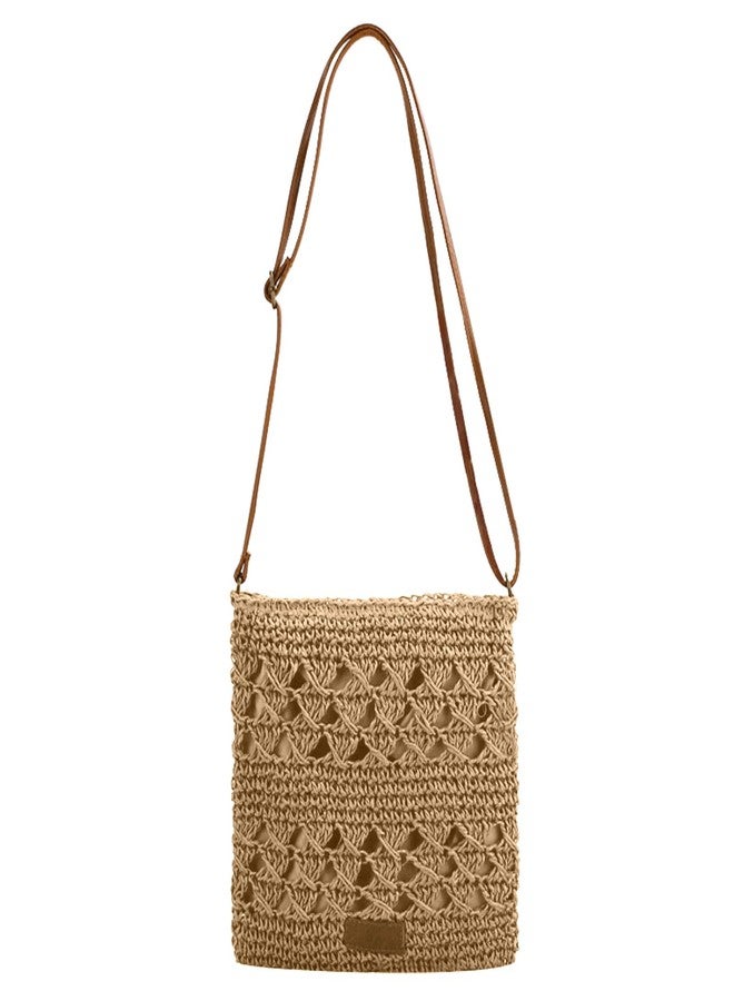 Bototack Summer Straw Bag for Women, Small Beach Crossbody Bag with Zipper and Adjustable Strap, Bohemian Weave Handmade Shoulder Handbags for Holiday Beach Travel (Khaki) - Image 1