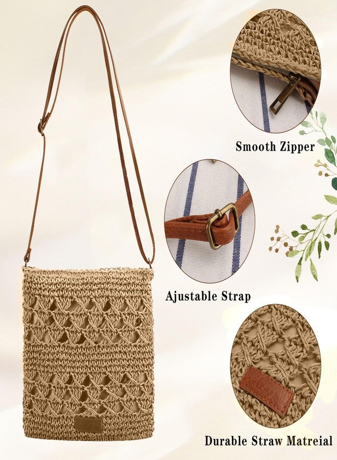 Bototack Summer Straw Bag for Women, Small Beach Crossbody Bag with Zipper and Adjustable Strap, Bohemian Weave Handmade Shoulder Handbags for Holiday Beach Travel (Khaki) - Image 5