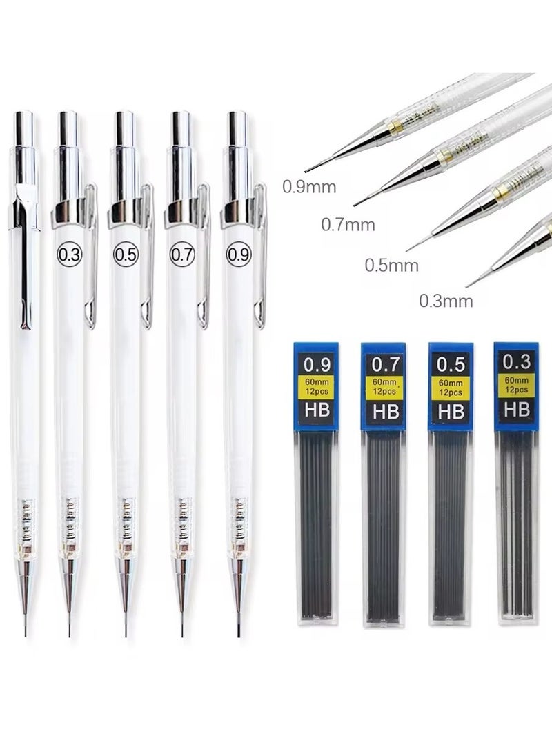 NIIMBOT 4 Pack Mechanical Pencils 0.3 0.5 0.7 0.9mm Simple Transparent Mechanical Pencil Set with Leads Kawaii Clear Automatic Pencil for Student Writing Painting  - Image 1