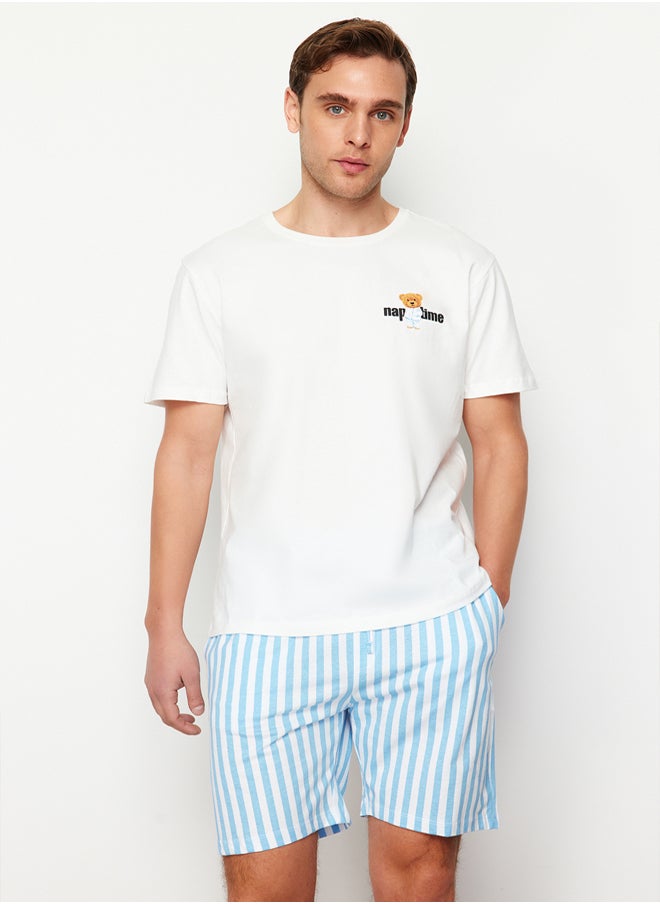 trendyol - Blue Ecru Striped Regular Fit Couple/Double Knitted Shorts 100% Cotton Pajama Set TMNSS24PT00017 - Image 1