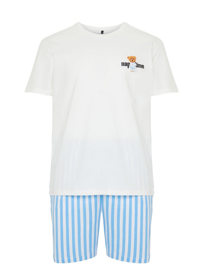 trendyol - Blue Ecru Striped Regular Fit Couple/Double Knitted Shorts 100% Cotton Pajama Set TMNSS24PT00017 - Image 1
