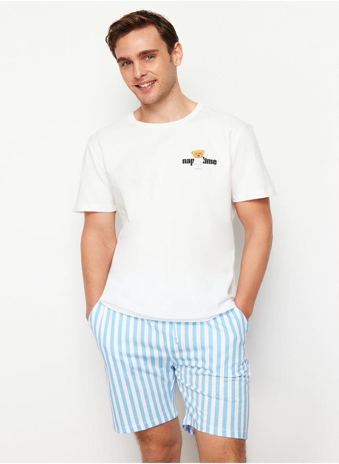 trendyol - Blue Ecru Striped Regular Fit Couple/Double Knitted Shorts 100% Cotton Pajama Set TMNSS24PT00017 - Image 1