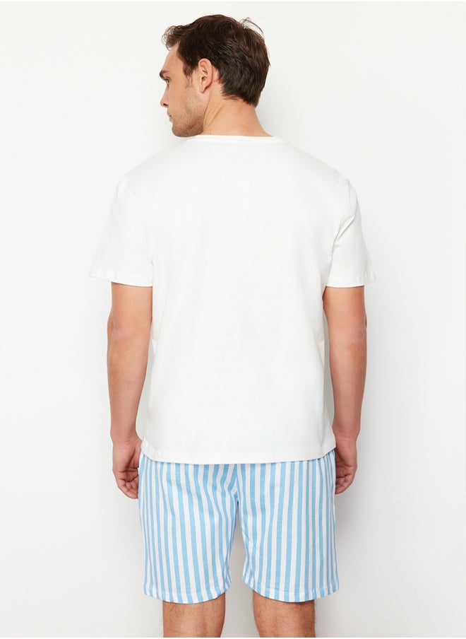 trendyol - Blue Ecru Striped Regular Fit Couple/Double Knitted Shorts 100% Cotton Pajama Set TMNSS24PT00017 - Image 1