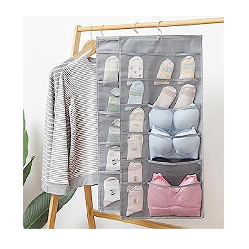 SYSTEMIZE Dual Side Organizer with 30 Pockets and Hanger Wall Shelf Storage Organizers for Storing Stocking Bra Socks Travel AccessoriesGrey Set of 1 - Image 4