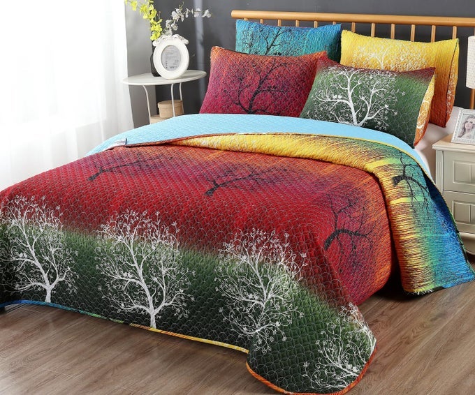 RAINBOW TREE 5 PIECE BEDSPREAD COVERLET QUILT SET QUILT AND 4 PILLOW SHAMS KING