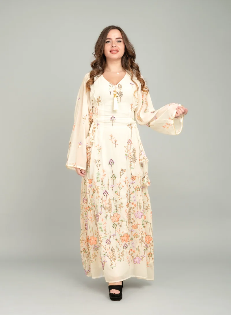 IKKXA Elegant Floral Embroidered Jalabiya CJ1036 Beige