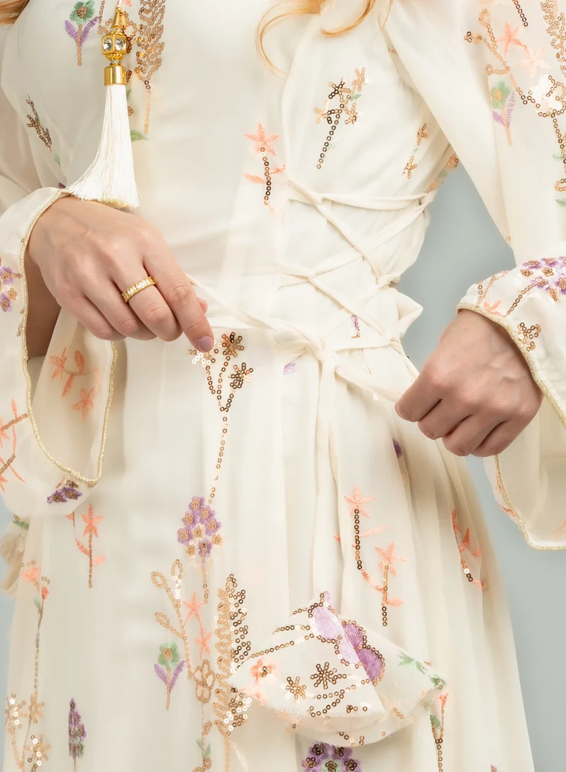 IKKXA Elegant Floral Embroidered Jalabiya CJ1036 Beige