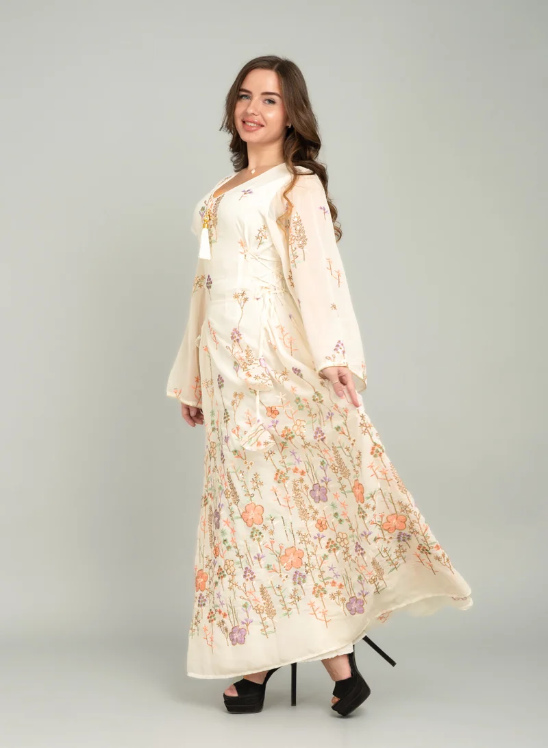 IKKXA Elegant Floral Embroidered Jalabiya CJ1036 Beige