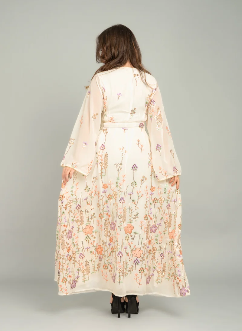 IKKXA Elegant Floral Embroidered Jalabiya CJ1036 Beige