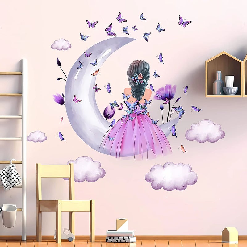 Aurbhosa Baby Girl Wall Decals Purple Flower Butterfly Wall Sticker Moon Cloud Wall Decal Colorful Butterflies Wall Stickers Princess Room Decor for Girls Nursery Bedroom Playroom - Image 2