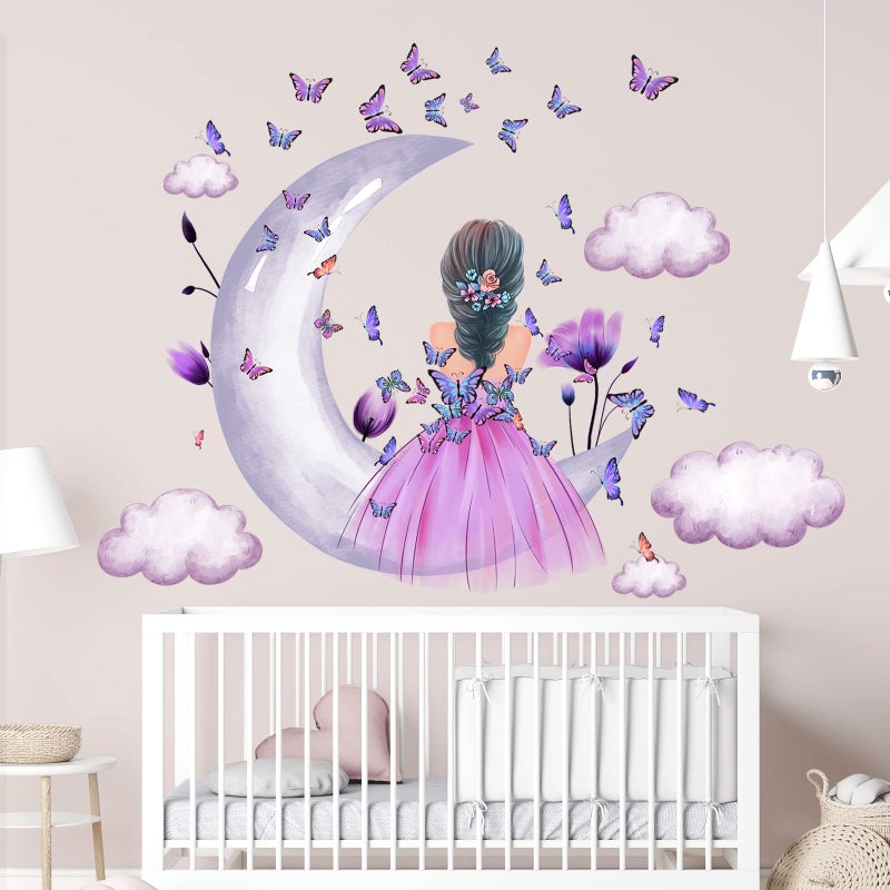 Aurbhosa Baby Girl Wall Decals Purple Flower Butterfly Wall Sticker Moon Cloud Wall Decal Colorful Butterflies Wall Stickers Princess Room Decor for Girls Nursery Bedroom Playroom - Image 5