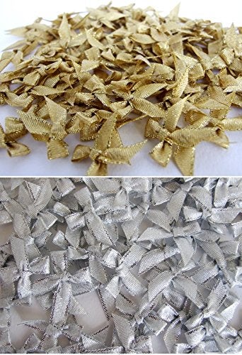 100 Assorted Smallest Gold Silver Ribbon Bows Size 20 mm Tiny Embellishment Craft Artificial Applique Wedding