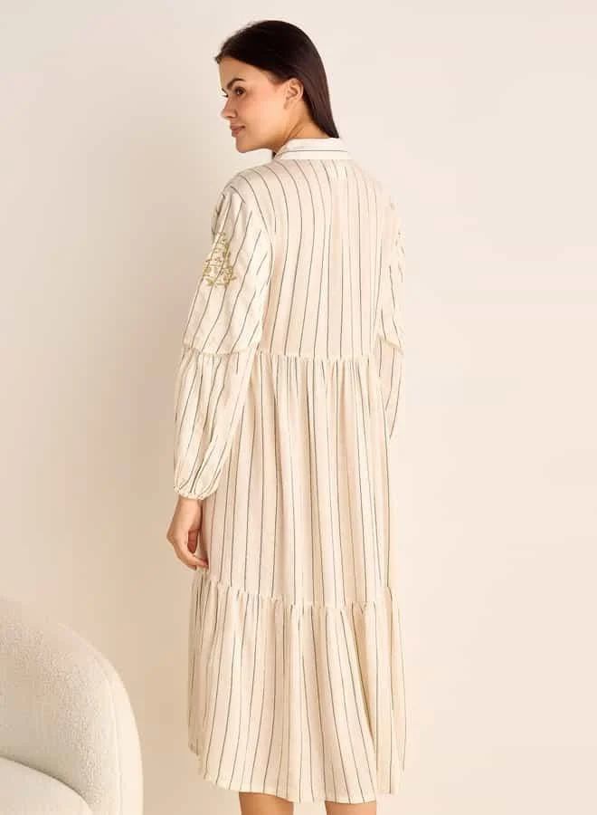 Splash FAV Striped Floral Embroidered Sleepshirt with Long Sleeves and Collar