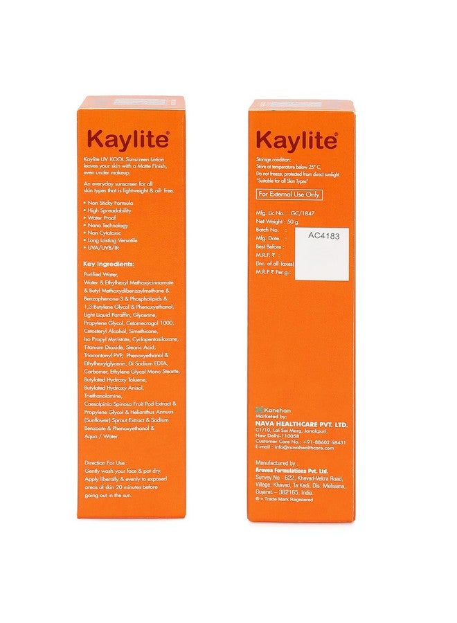 Kaylite Uv Kool Sunscreen Lotion 50++ Spf For All Skin Types | Sunflower Sprout Extract And Tara Fruit Extract For Women And Men | Long Lasting Protection | Dry Skin, No White Cast | (Pack Of 1) - Image 2