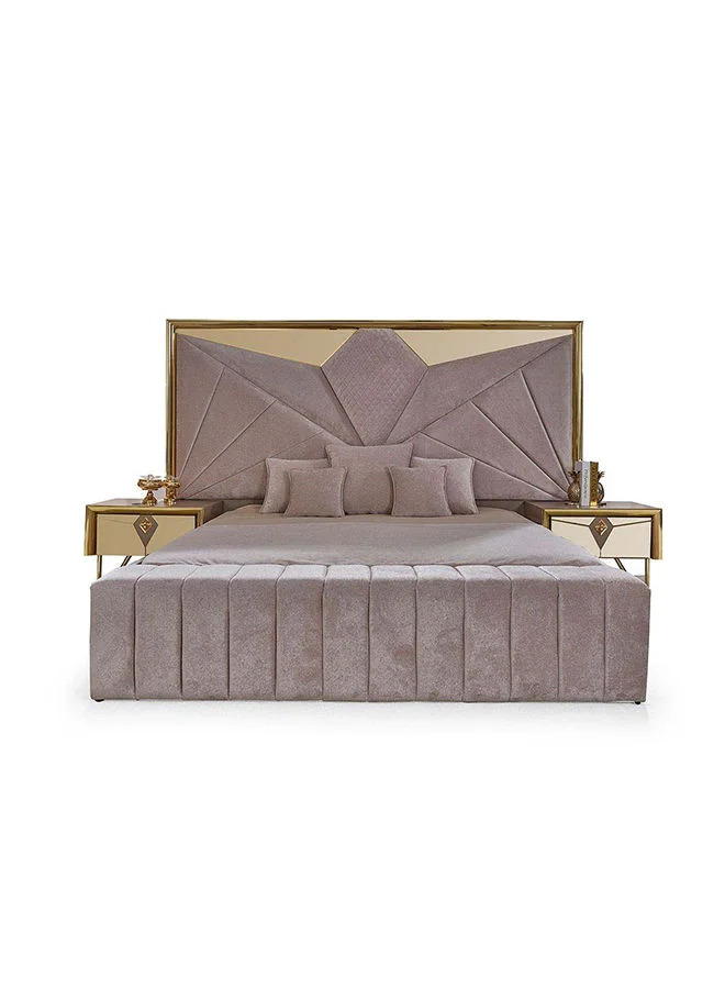 DANUBE HOME Bentley King Size Bed Frame And 2 Night Stands King Bedroom Set Sturdy Modern Design Wooden Double Bedroom Set Furniture Comfortable Bedset For Bed Room Beige/Gold