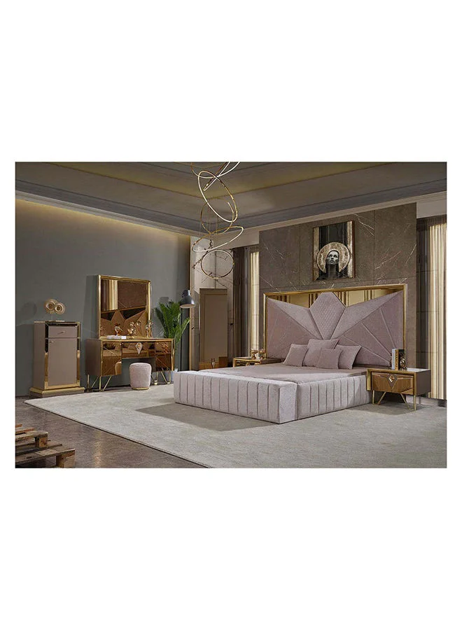 DANUBE HOME Bentley King Size Bed Frame And 2 Night Stands King Bedroom Set Sturdy Modern Design Wooden Double Bedroom Set Furniture Comfortable Bedset For Bed Room Beige/Gold
