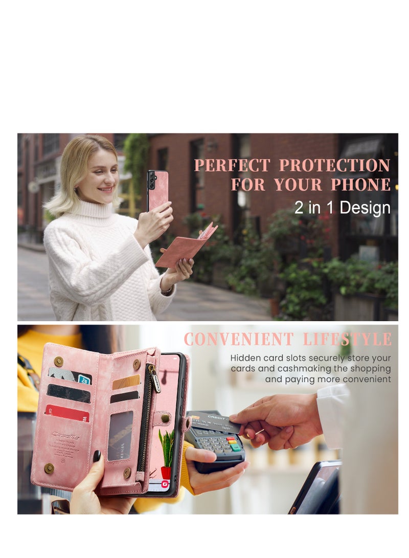 CaseMe Protective Phone Cover Case Wallet Case For Samsung Galaxy S24 Plus, 2 in 1 Detachable Premium Leather Magnetic Zipper Pouch Wristlet Flip Phone Case (Pink) - Image 3