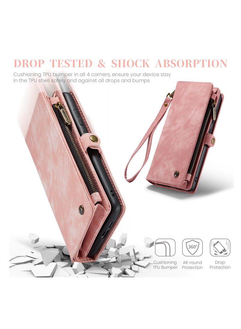 CaseMe Protective Phone Cover Case Wallet Case For Samsung Galaxy S24 Plus, 2 in 1 Detachable Premium Leather Magnetic Zipper Pouch Wristlet Flip Phone Case (Pink) - Image 5