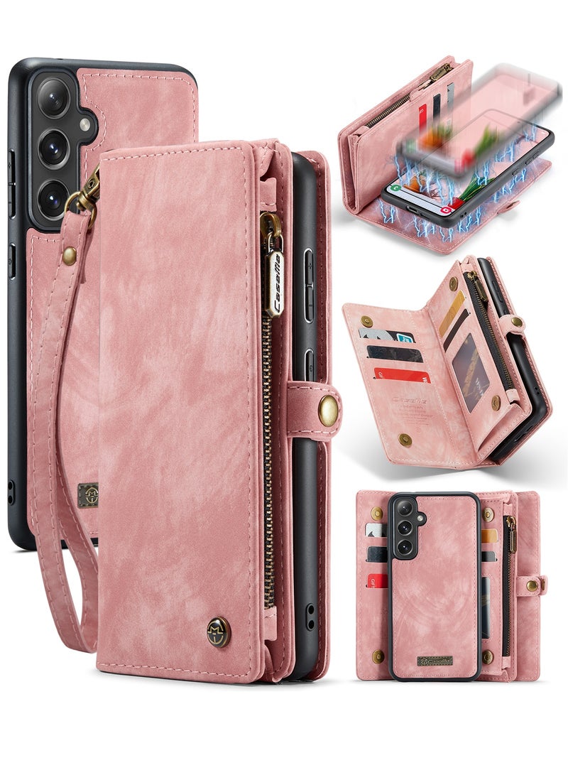 CaseMe Protective Phone Cover Case Wallet Case For Samsung Galaxy S24 Plus, 2 in 1 Detachable Premium Leather Magnetic Zipper Pouch Wristlet Flip Phone Case (Pink) - Image 2
