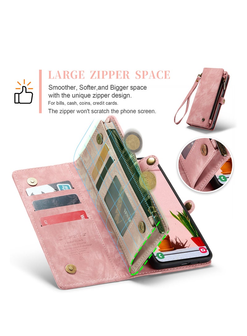 CaseMe Protective Phone Cover Case Wallet Case For Samsung Galaxy S24 Plus, 2 in 1 Detachable Premium Leather Magnetic Zipper Pouch Wristlet Flip Phone Case (Pink) - Image 4