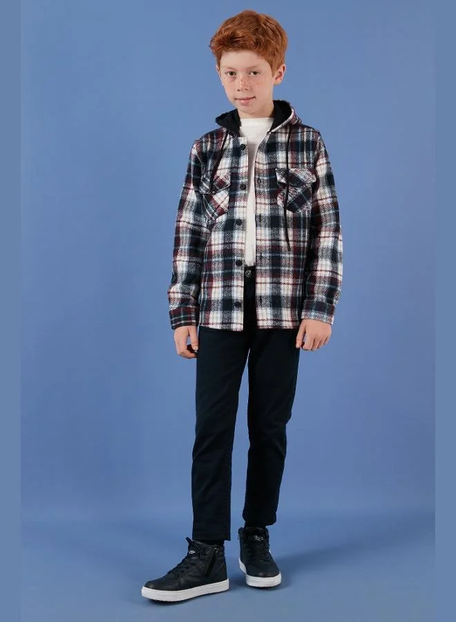 ليلا قميص ليلا كاروهات بغطاء رأس وجيوب شتوي للشباب