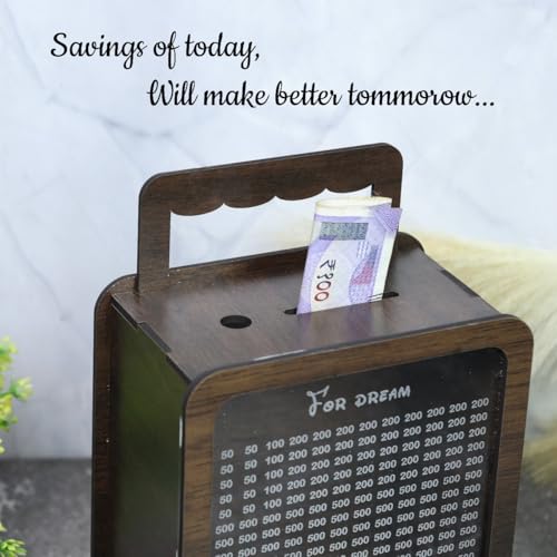BHUMLO Wooden Piggy Bank for Kids & Adults, Coin Box with Carved Design, Savings Box, Mini Bank, Donation Box, Smart Money Box, Wooden Coin Box, Money Saver, Piggy Bank with Numbers - Image 2