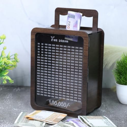BHUMLO Wooden Piggy Bank for Kids & Adults, Coin Box with Carved Design, Savings Box, Mini Bank, Donation Box, Smart Money Box, Wooden Coin Box, Money Saver, Piggy Bank with Numbers - Image 4