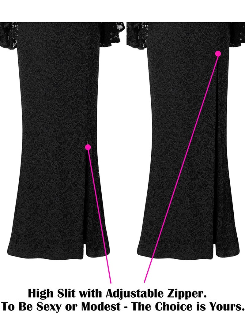 VFSHOW Womens Floral Lace Off Shoulder Bell Sleeve Formal Party Maxi Dress 1810 BLK L - Image 5