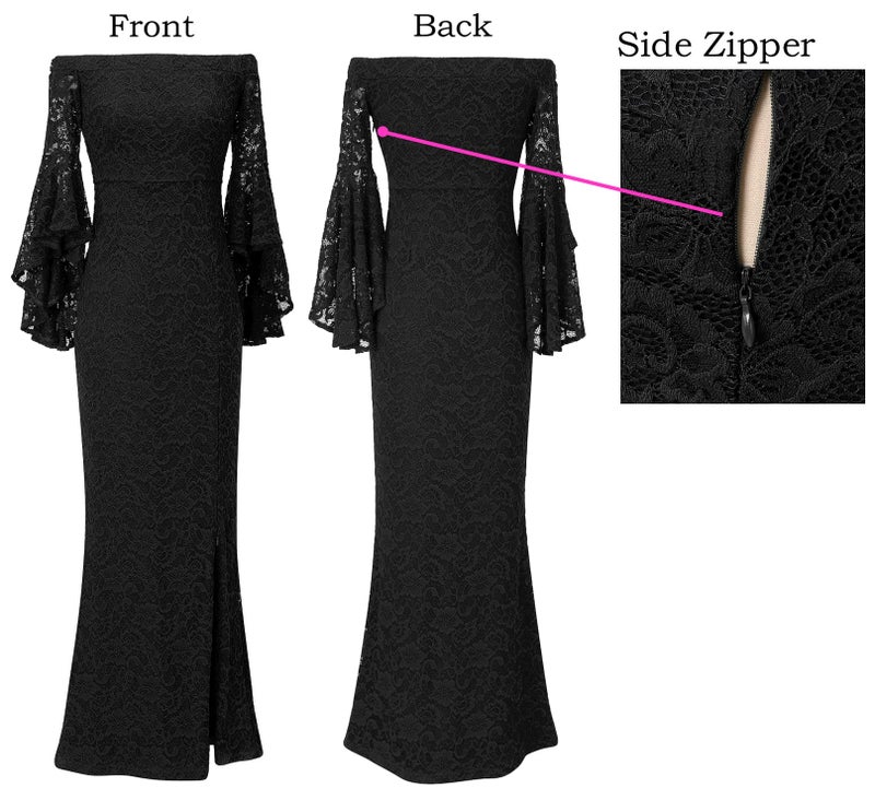 VFSHOW Womens Floral Lace Off Shoulder Bell Sleeve Formal Party Maxi Dress 1810 BLK L - Image 4