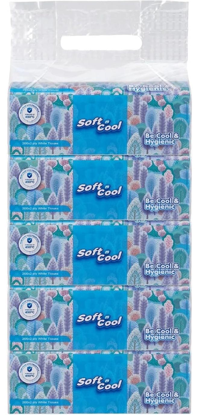 Soft N Cool Facial Tissue Nylon Pack 200 Sheets 2Ply, 5 Boxes - Image 1