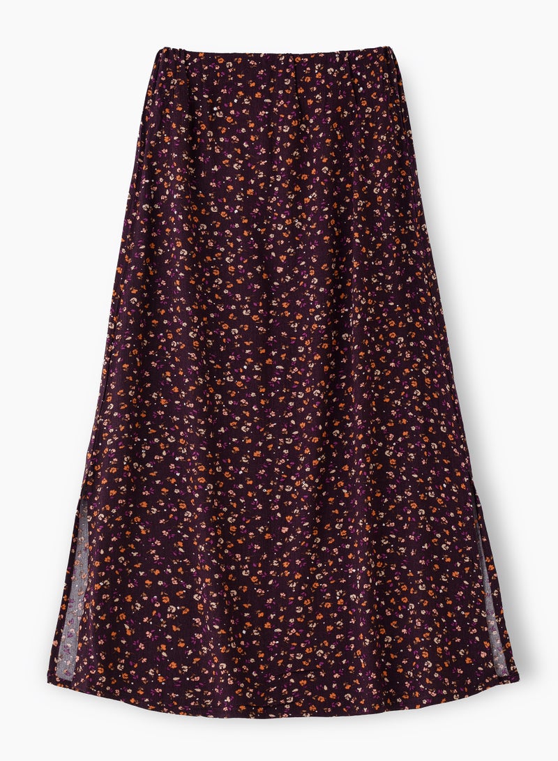 Jelliene Girls' Dark Purple Floral Print Viscose Maxi Skirt  - Image 1