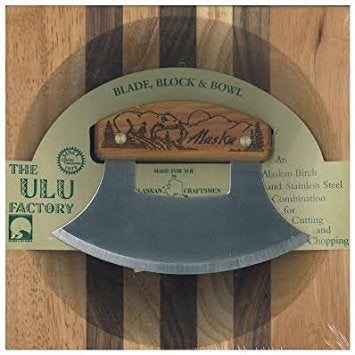 The ULU Factory 8" Block Ulu Bowl Set Birch Handle Bear & Mountains, 6.25" Inupiat Blade - Image 1