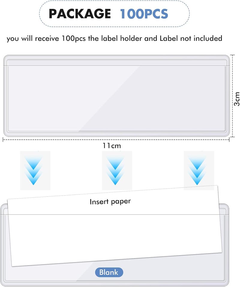 Epakh 100 Pack Self Adhesive Label Holders Shelf Tag Pockets 1.2 x 4.3 Inch Insert Card Sleeves for Storage Bins Warehouse Shelving Office Retail Drawer Mailbox Organization Identification Labels - Image 2