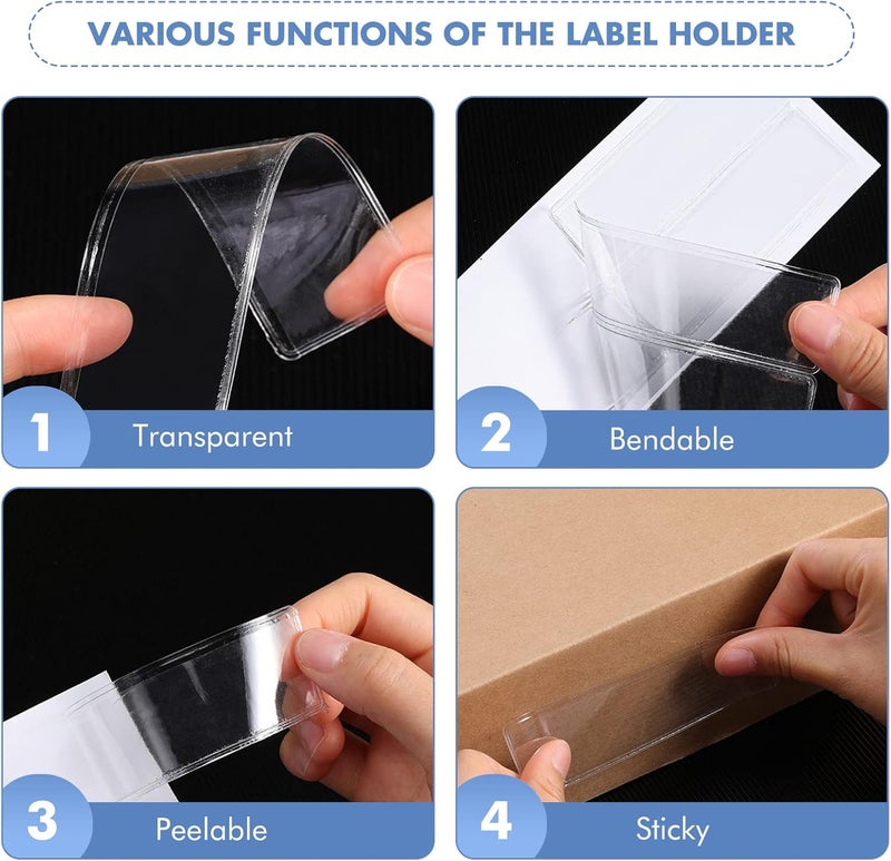 Epakh 100 Pack Self Adhesive Label Holders Shelf Tag Pockets 1.2 x 4.3 Inch Insert Card Sleeves for Storage Bins Warehouse Shelving Office Retail Drawer Mailbox Organization Identification Labels - Image 3