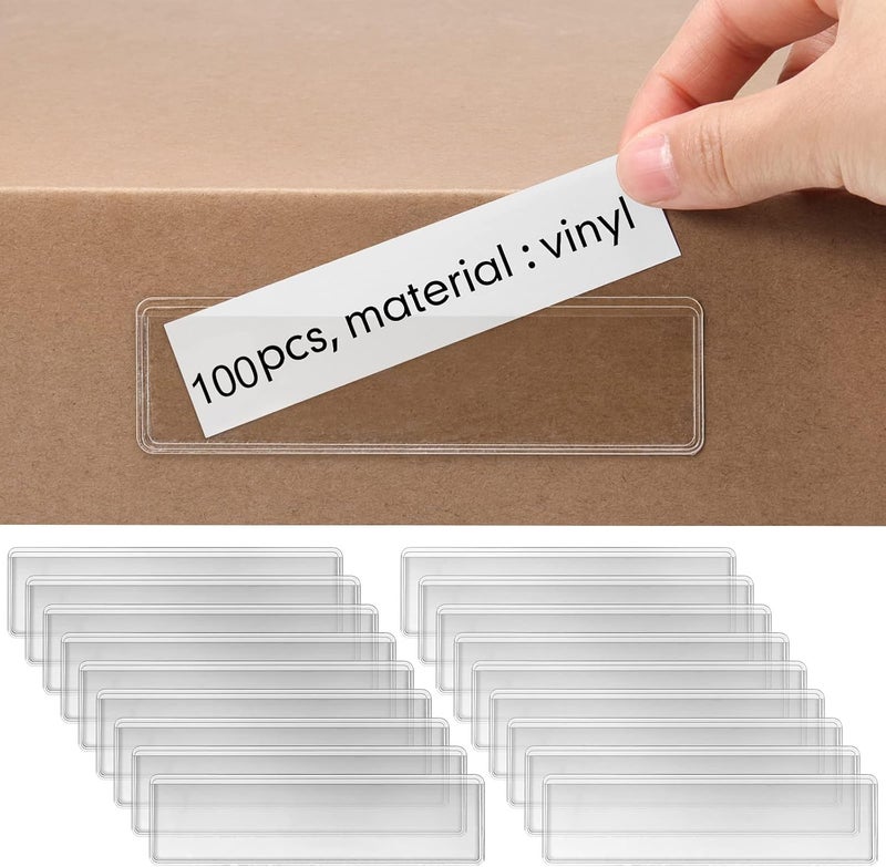 Epakh 100 Pack Self Adhesive Label Holders Shelf Tag Pockets 1.2 x 4.3 Inch Insert Card Sleeves for Storage Bins Warehouse Shelving Office Retail Drawer Mailbox Organization Identification Labels - Image 1