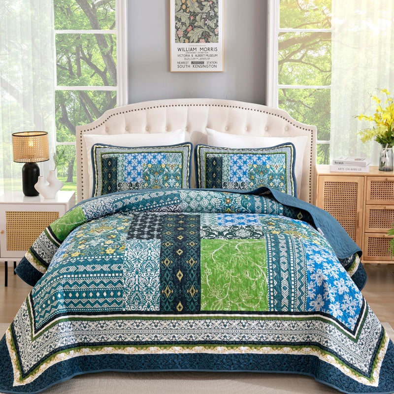 WONGS BEDDING Boho Quilt Queen 3 Pieces Teal Patchwork Quilt Soft Coverlet Reversible Lightweight Farmhouse Quilts with 2 Pillow Shams for All Seasons 96x90 - Image 2