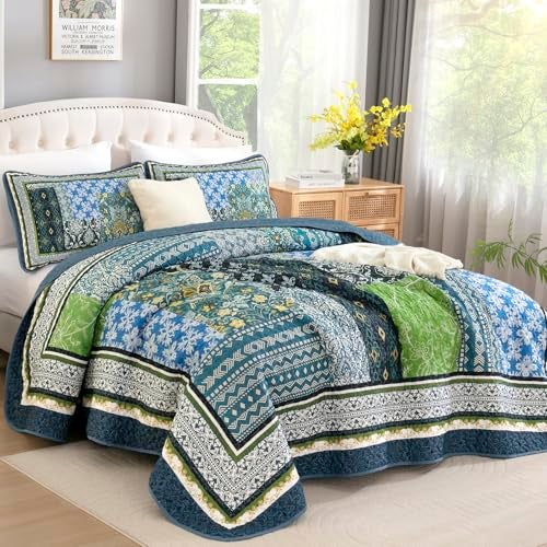 WONGS BEDDING Boho Quilt Queen 3 Pieces Teal Patchwork Quilt Soft Coverlet Reversible Lightweight Farmhouse Quilts with 2 Pillow Shams for All Seasons 96x90 - Image 3