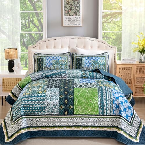 WONGS BEDDING Boho Quilt Queen 3 Pieces Teal Patchwork Quilt Soft Coverlet Reversible Lightweight Farmhouse Quilts with 2 Pillow Shams for All Seasons 96x90 - Image 1