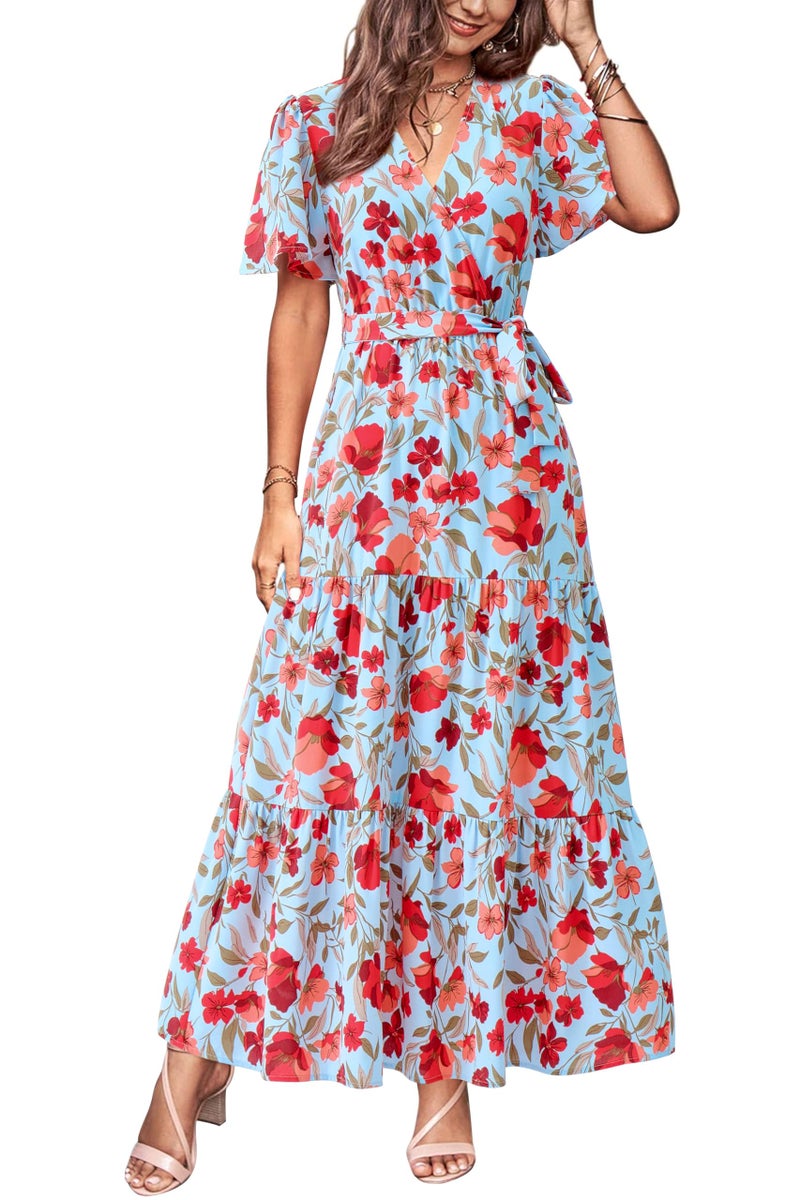 MASCOMODA Womens Summer Boho Maxi Dress Floral Wrap V Neck Flutter Short Sleeve Tie Waist A Line Tiered Flowy Long Dresses(Blue Red Flower,X-Large) - Image 1