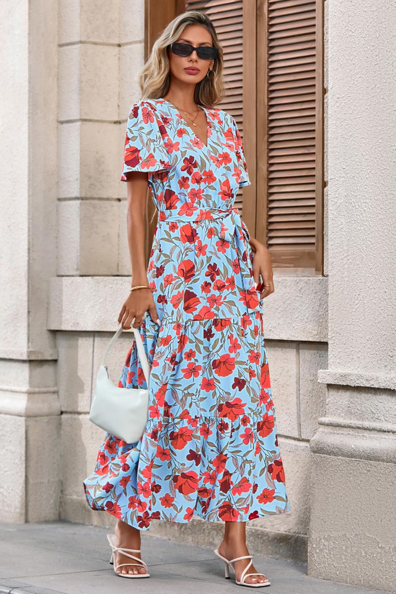 MASCOMODA Womens Summer Boho Maxi Dress Floral Wrap V Neck Flutter Short Sleeve Tie Waist A Line Tiered Flowy Long Dresses(Blue Red Flower,X-Large) - Image 4