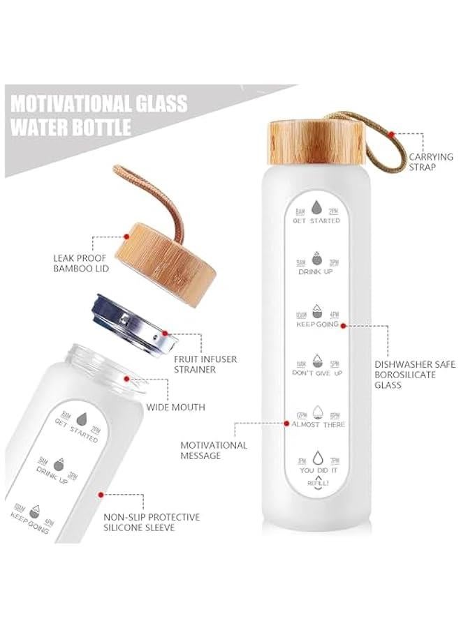 HOOKOR 32 Oz Borosilicate Glass Water Bottle with Times to Drink - Wide Mouth BPA Free Glass Motivational Water Bottles with Silicone Sleeve, Bamboo Lid, Fruit Infuser, and Bonus Brush (White) - Image 3