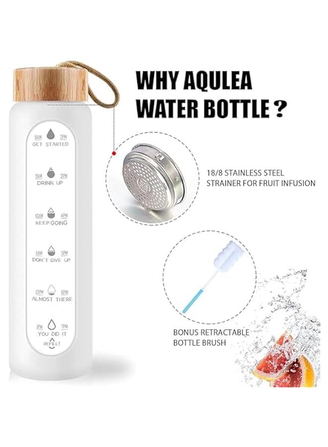 HOOKOR 32 Oz Borosilicate Glass Water Bottle with Times to Drink - Wide Mouth BPA Free Glass Motivational Water Bottles with Silicone Sleeve, Bamboo Lid, Fruit Infuser, and Bonus Brush (White) - Image 2