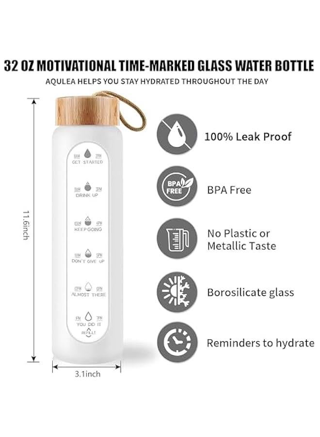 HOOKOR 32 Oz Borosilicate Glass Water Bottle with Times to Drink - Wide Mouth BPA Free Glass Motivational Water Bottles with Silicone Sleeve, Bamboo Lid, Fruit Infuser, and Bonus Brush (White) - Image 5