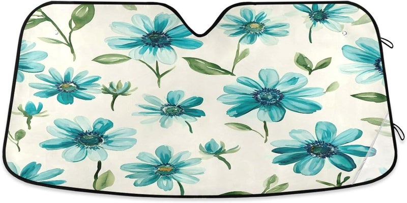 Turquoise Daisy Flowers Car Windshield Sun Shade Foldable Sun Visor Automotive Sunshades for Car Truck SUV Blocks UV Rays Keep Your Vehicle Cool - Image 1
