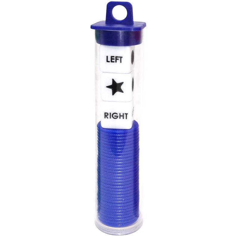 Ahoper Left Right Center Dice Game Prime Set Bundle with 3 Dices + 36 Chips. Round Tube Storage is Very Convenient for Travel. Easy to Store, Carry Around. (Blue) - Image 1